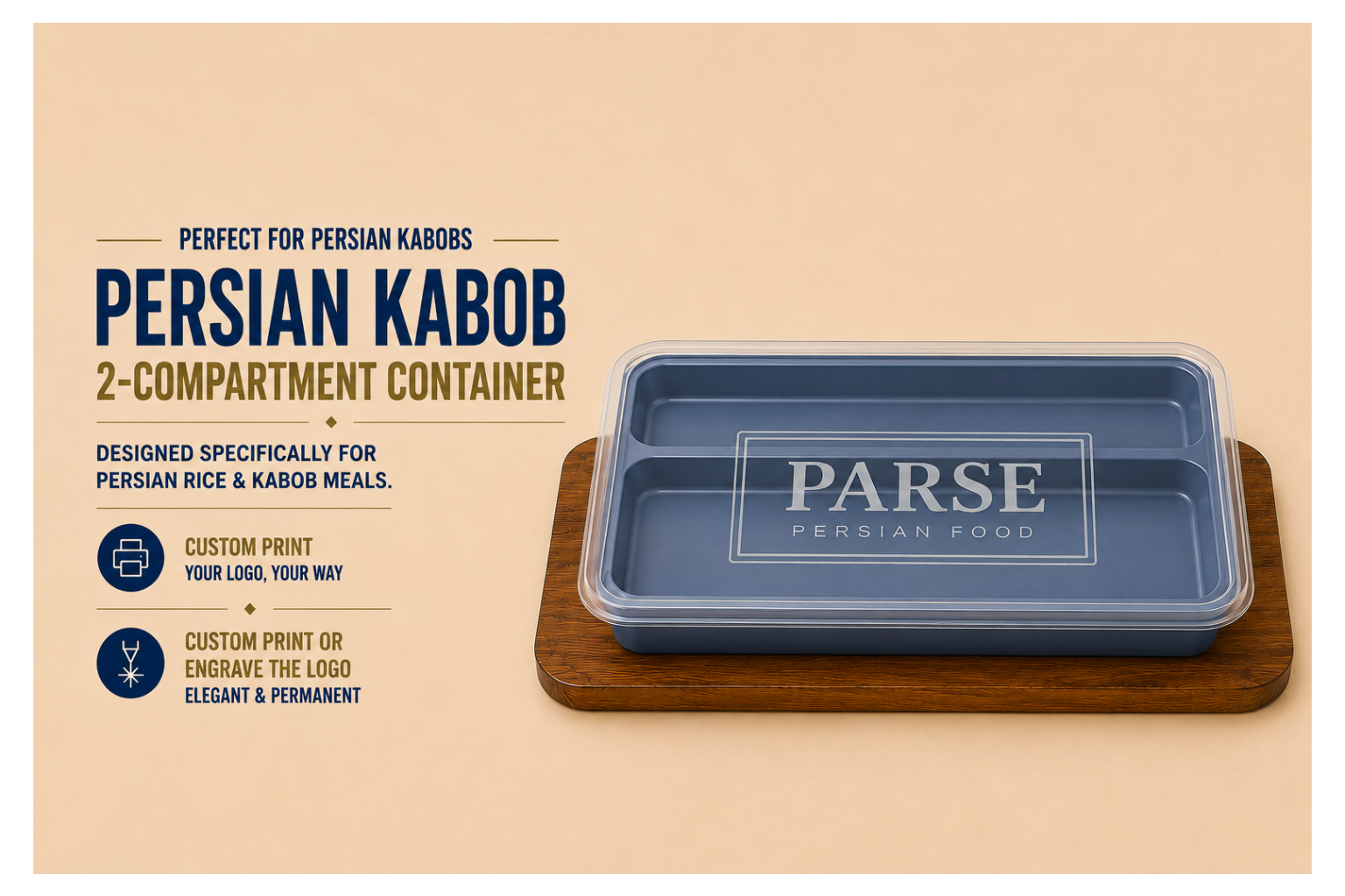Persian Kabob 2-compartment container with 'PARSE' branding on a beige background